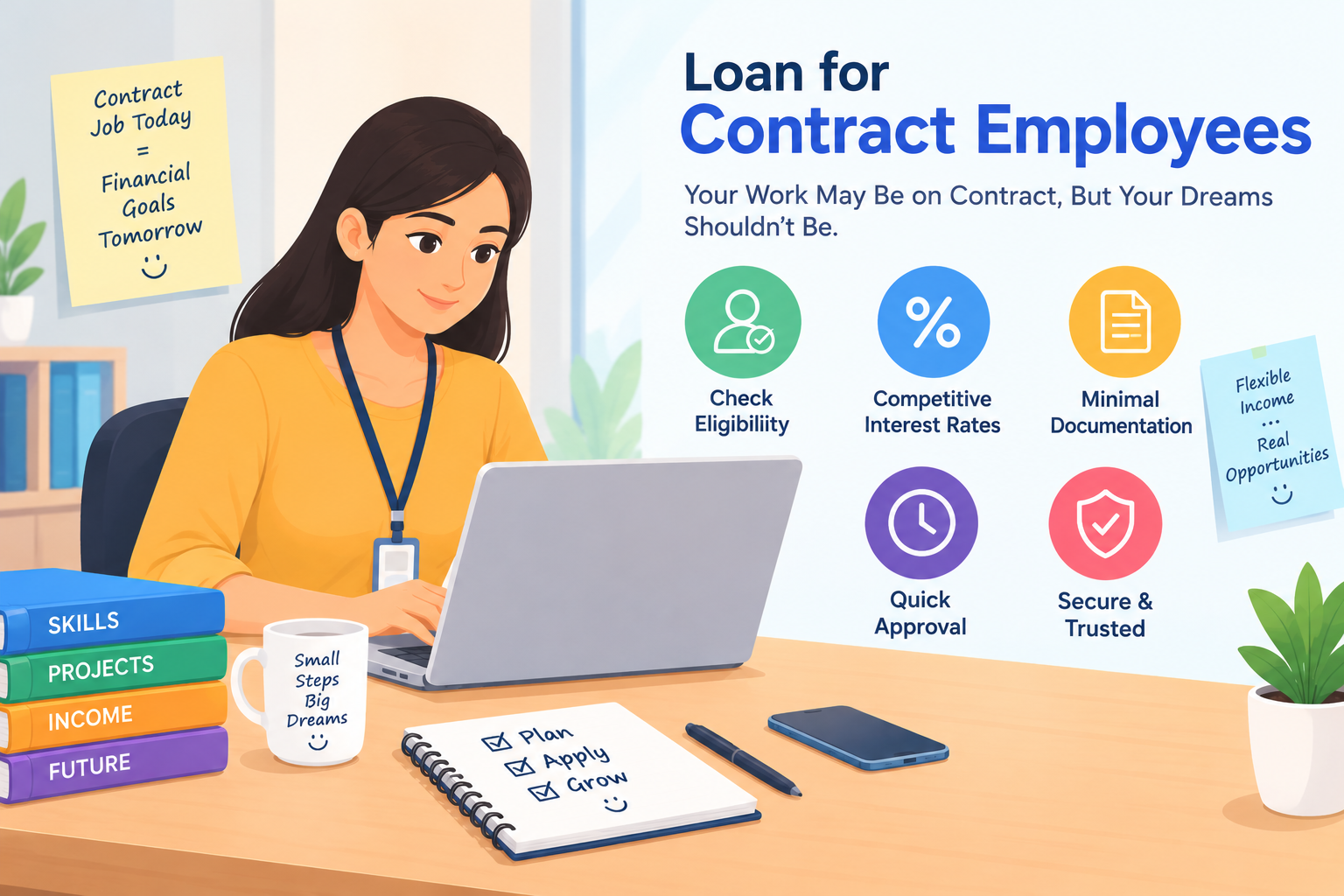 Loan for contract employees in India, featuring a contract worker using a laptop with information about loan eligibility, competitive interest rates, required documentation, quick approval, and secure borrowing options.